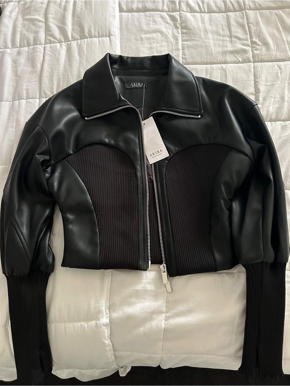AKIRA Black Leather Cropped Jacket with Ribbed Knit Panels